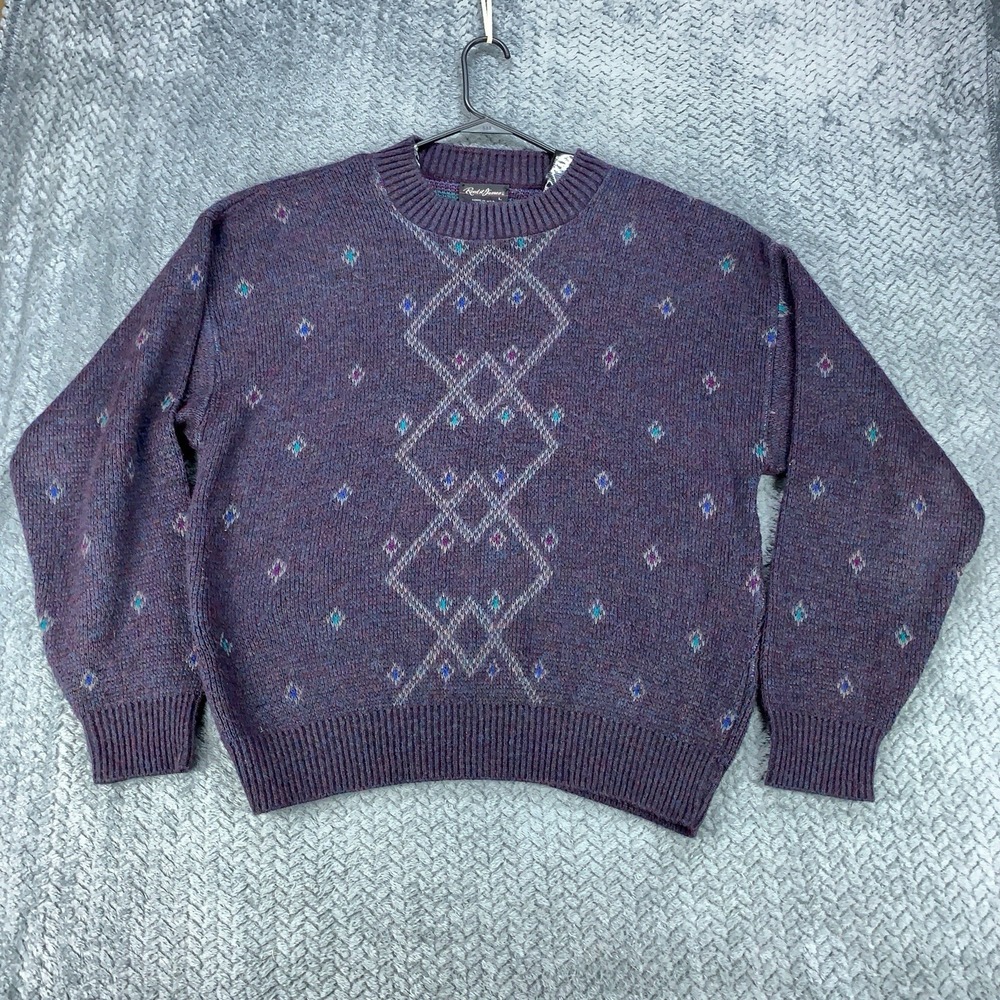 VTG Reed St. James Sweater Men's Large Purple Wool Blend Argyle Print 90s Retro